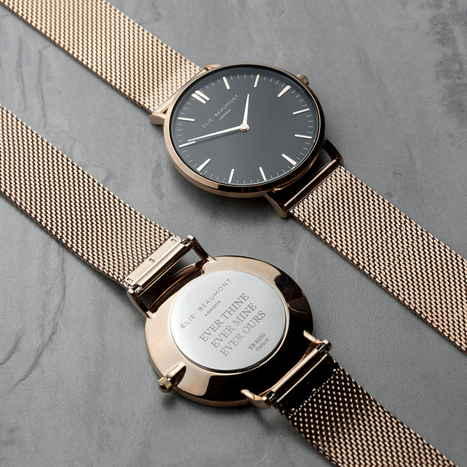 Personalised Ladies Rose Gold Mesh Strapped Watch With Black Dial