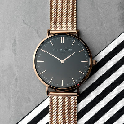 Personalised Ladies Rose Gold Mesh Strapped Watch With Black Dial