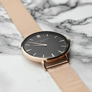 Personalised Ladies Rose Gold Mesh Strapped Watch With Black Dial