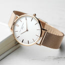 Personalised Ladies Rose Gold Mesh Strapped Watch With White Dial
