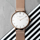 Personalised Ladies Rose Gold Mesh Strapped Watch With White Dial