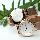 Personalised Ladies Rose Gold Mesh Strapped Watch With White Dial
