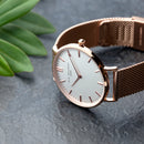 Personalised Ladies Rose Gold Mesh Strapped Watch With White Dial