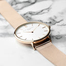 Personalised Ladies Rose Gold Mesh Strapped Watch With White Dial