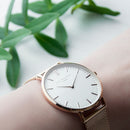 Personalised Ladies Rose Gold Mesh Strapped Watch With White Dial