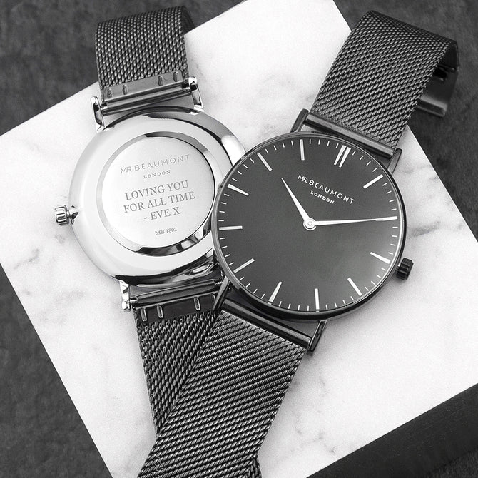 Personalised Men's Metallic Charcoal Grey Watch With Black Face