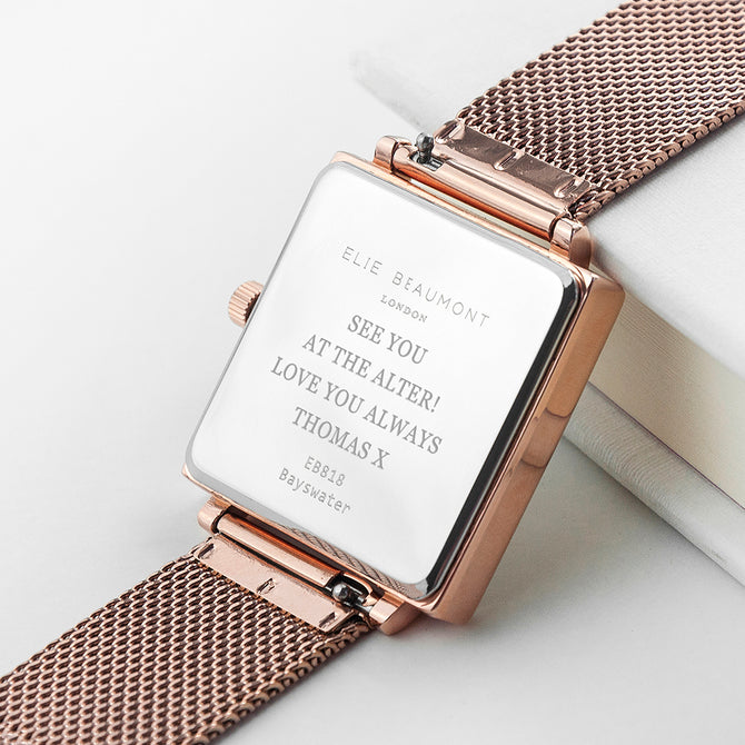 Personalised Ladies Rose Gold Metallic Square Watch
