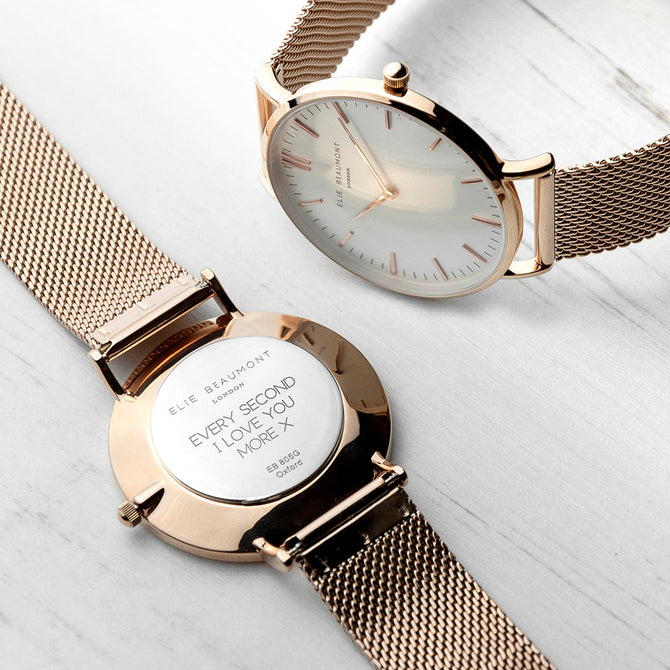 Personalised Ladies Rose Gold Mesh Strapped Watch With White Dial